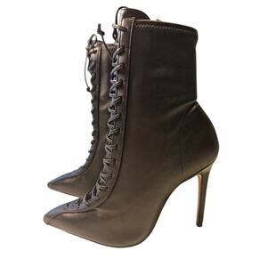 Schutz Black Nappa Leather Lace-Up Stiletto Ankle Boots | Size 5B Pointed Toe